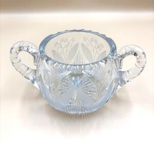 Lead Crystal Glass Floral, Lily of the Valley, Sugar Bowl, Double Handle Vintage
